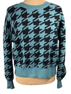 Loft Sweater Teal Black Houndstooth Size S Small Cotton Blend